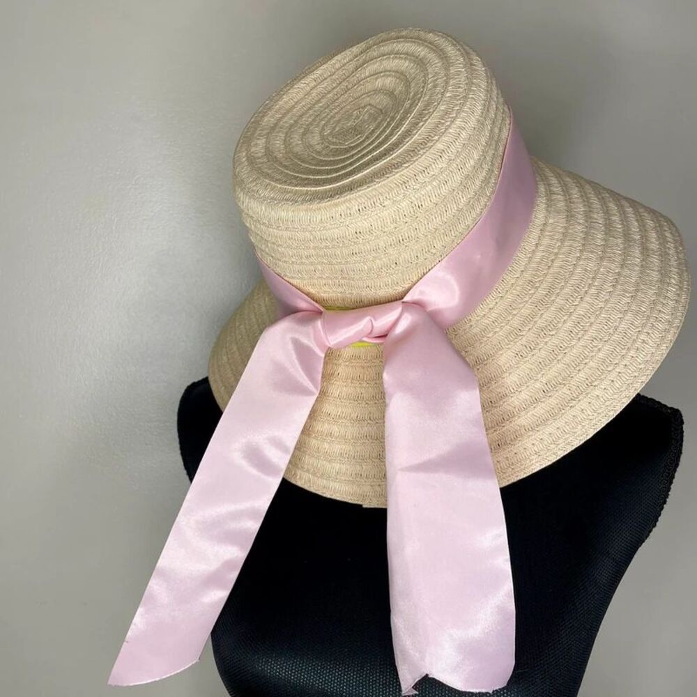 A New Day Beach Sun Hat Cream Pink Ribbon Size Small Medium